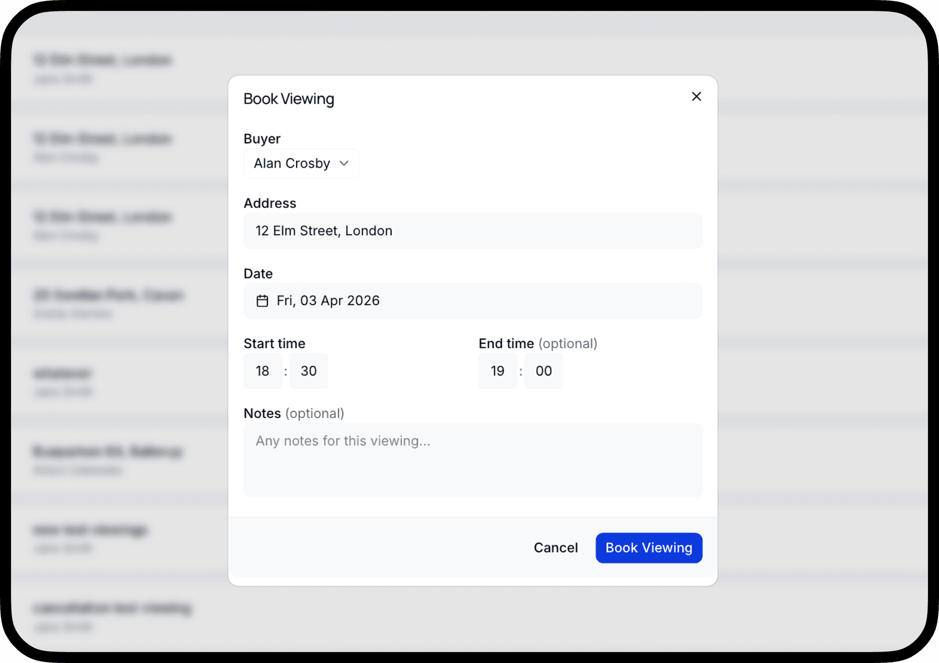 Dashboard showing the book viewing dialog with buyer, address, date and time fields
