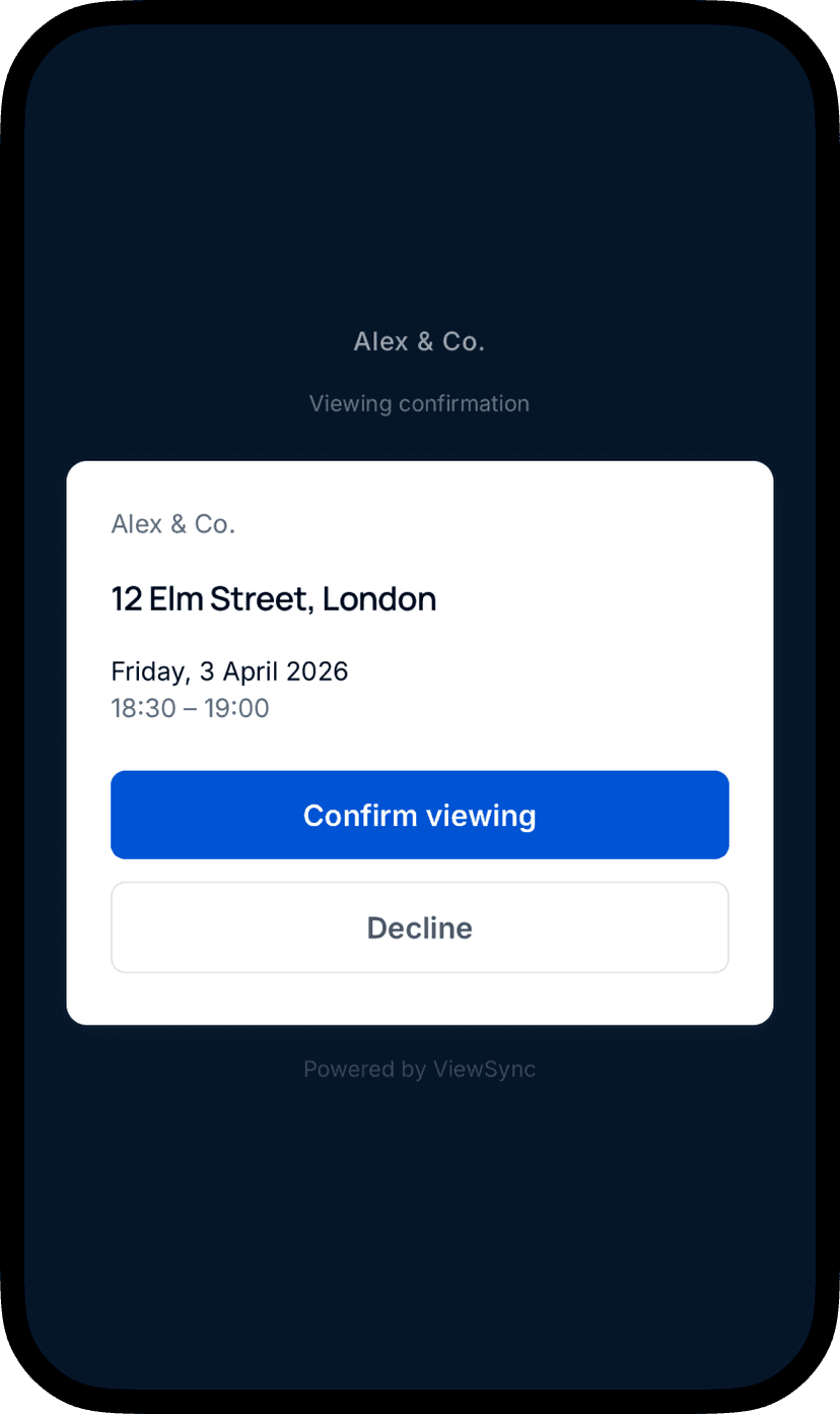 Buyer confirmation screen showing property details with Confirm and Decline buttons