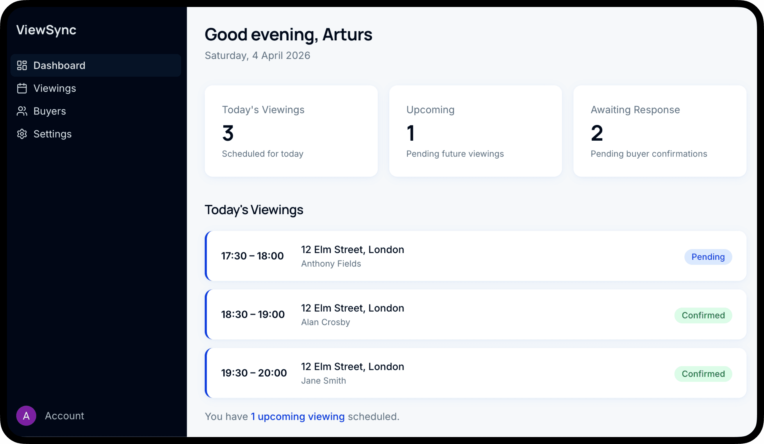 ViewSync dashboard showing viewing stats, today's schedule, and confirmation statuses